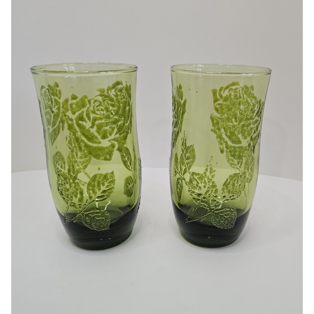 70's Green Embossed Rose Glass Tumblers 12 oz Drinking Glasses Set of 2 Vintage